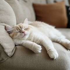 Serene feline resting peacefully on a neutral sofa, basking in soft light and leisure