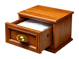 Wooden drawer open with soft fabric inside home office furniture indoor close-up storage isolated on transparent background