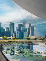 Relfection of the Singapore financial district skyline on a lotus pool in Marina Bay, Singapore