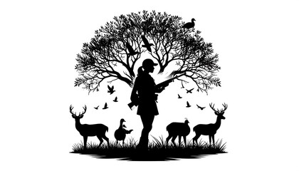 Woman Hunter Silhouette with Wildlife Scene.