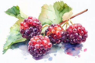 Luscious watercolor mulberries, rich red and purple hues, glistening with dew. delightful summer harvest