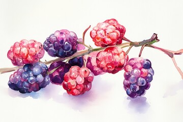 Luscious watercolor mulberries, rich red and purple hues, glistening with dew. delightful summer harvest