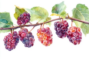Luscious watercolor mulberries, rich red and purple hues, glistening with dew. delightful summer harvest