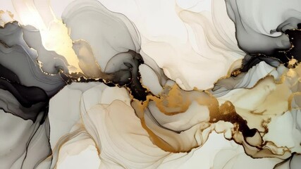 Ethereal alcohol ink wash with golden accents, flowing abstract shapes and delicate swirls of neutral grays and golds on white canvas - Powered by Adobe