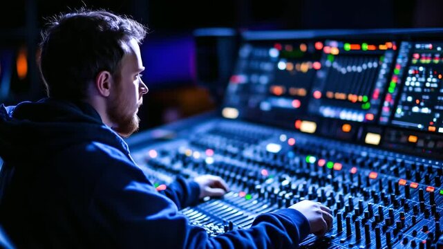 Side view of sound engineer in hoodie seated at large mixing console, ambient lighting highlights array of knobs, switches, and waveform displays