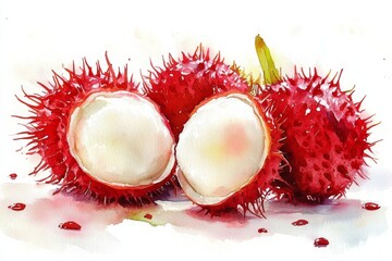 Juicy rambutan watercolor painting vibrant red fruit exotic sweet delicious