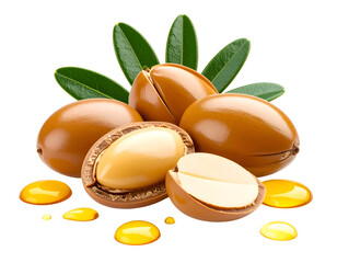 Argan nuts and oil with green leaves displayed on a transparent background