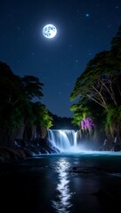 Enchanted Moonlight Waterfall A Serene Night Scene
