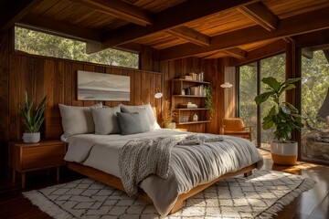 Mid century bedroom design with warm wooden walls, large bed, gray pillows, geometric rug, and potted plants. Concept of mid century bedroom design emphasizes cozy decor, ideas.