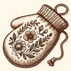 Vintage illustrated oven mitt with floral patterns on a textured background copy space