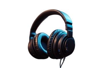 Black over-ear headphones, studio quality, dark background, subtle blue highlights