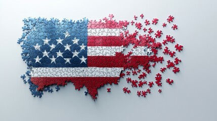 A Patriotic puzzle USA flag unity puzzle pieces 3D American flag red white blue star stripe textured fragmented distressed symbol nation country