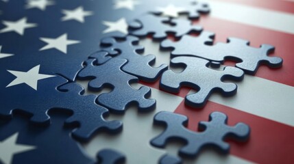 A Patriotic puzzle USA flag unity puzzle pieces 3D American flag red white blue star stripe textured fragmented distressed symbol nation country