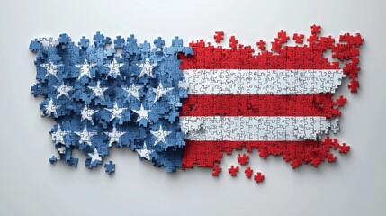 A Patriotic puzzle USA flag unity puzzle pieces 3D American flag red white blue star stripe textured fragmented distressed symbol nation country