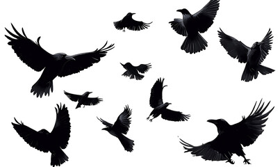 flock of flying crows , png file of isolated cutout object on transparent white background in PNG format. 