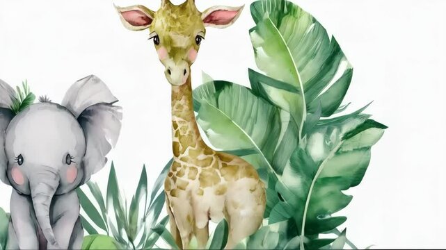 Watercolor jungle animals illustration featuring baby elephants and giraffe surrounded by lush green tropical leaves on a white background.