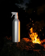 A spray bottle illuminated by campfire glow, positioned on a rock with vibrant flames and a dark backdrop creating contrast.