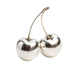 Two cherries made of lighting silver chrome isolated on a transparent background png