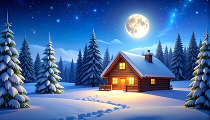 Fototapeta premium Snowy Cabin with Winter Night Landscape.