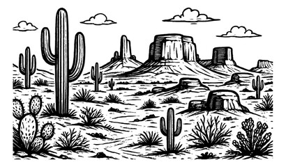 Monochrome Desert Landscape Illustration with Cacti, Mountains, and Sky