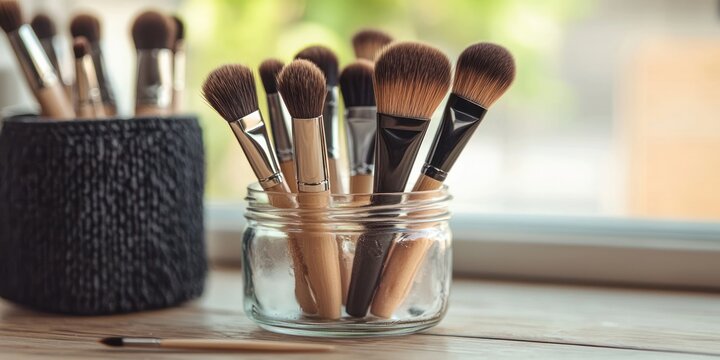 Multiple brushes in mason jar on desk