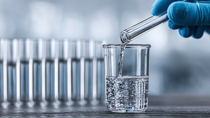 A gloved hand pours liquid from a test tube into a beaker.