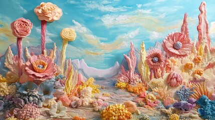 Whimsical Pastel Landscape with Miniature Flower Sculptures, Generative ai