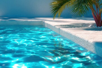 Relaxing Summer Vacation Paradise Scene. Sparkling turquoise pool water meets a pristine white deck, framed by a lush tropical palm tree.  Perfect for summer vacation, travel, and relaxation themes.