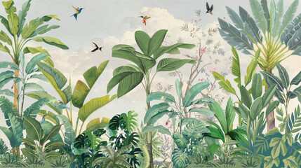 Forest Mural Wallpaper and Jungle Wall Murals, Ever Wallpaper Design, Tropical Wall Mural, Jungle mural Design, Mughal Garden Illustration,  © Sharif