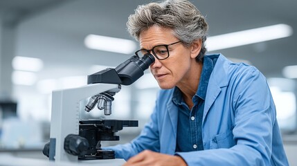 Scientist wearing glasses looks into a microscope in a laboratory setting.