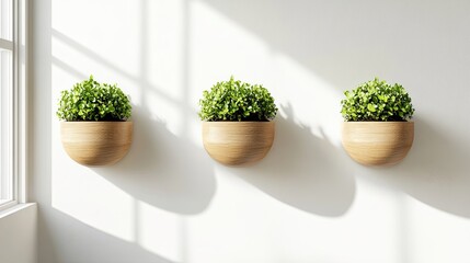 Fototapeta premium Natural wooden wall-mounted pots with houseplants in bright daylight, stylish interior design detail
