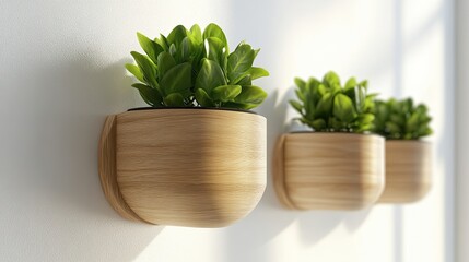 Fototapeta premium Green indoor plants in round wooden planters on wall with shadows, sunlight and minimalist decor