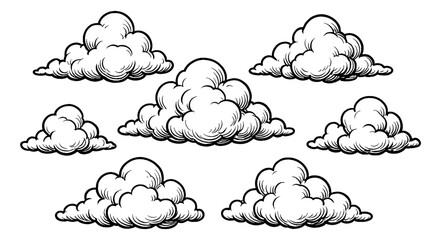 Fototapeta premium Set of cartoon clouds with black outline on white background weather element vector