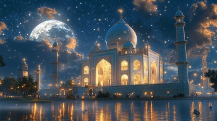 A Serene moonlight illuminates Taj Mahal breathtaking 3D rendering