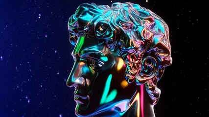 Classical male sculpture bust rendered in chrome with vibrant iridescent rainbow colors against a starfield background in an artistic display. - Powered by Adobe