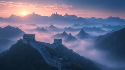 Serene sunset view of Great Wall, majestic and awe inspiring