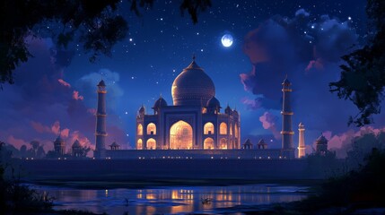 A Serene moonlight illuminates Taj Mahal breathtaking 3D rendering