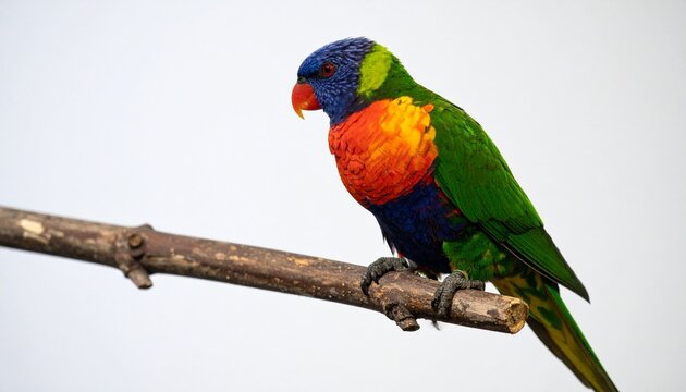 A macro photo of a beautiful colorful parrot perched on a branch, with a white background.