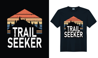 Vintage distressed Trail Seeker mountain design with forest and retro sunset for hikers and explorers