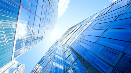 Obraz premium Looking up at modern office building with glass curtain wall, business architecture