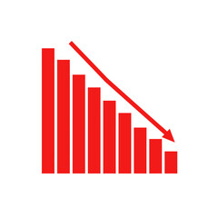 Red arrow going down stock icon on white background. Decrease, Bankruptcy, financial market crash icon for your web site design, logo, app, UI. graph chart downtrend symbol. chart going down sign.
