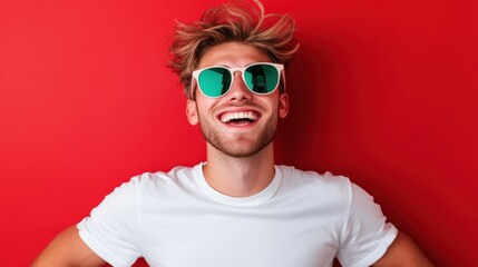 A lively young man wearing stylish sunglasses and a bright smile, exuding joy against a vibrant red background, symbolizing confidence and summer fun.