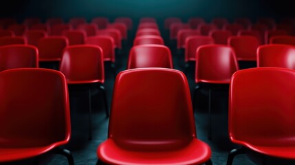 Obraz premium An arrangement of bright red chairs lined up in a darkened space, highlighting their vivid color against the contrasting background, creating a striking visual effect.