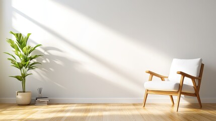 A tranquil living room scene featuring bright sunlight pouring in, a stylish white chair, and lush green plant, creating an inviting atmosphere of comfort and relaxation.