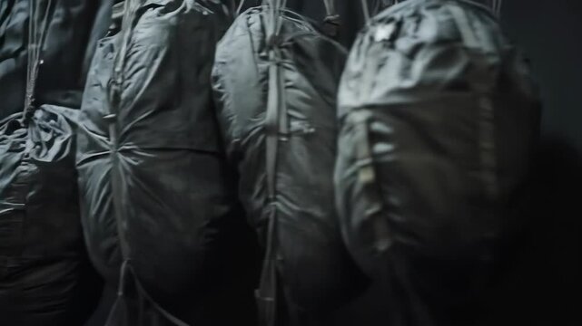 Hanging parachutes, packed and ready, in muted neutral tones