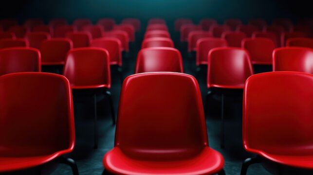An arrangement of bright red chairs lined up in a darkened space, highlighting their vivid color against the contrasting background, creating a striking visual effect.