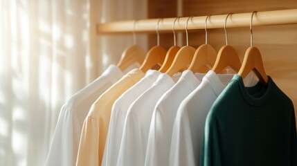 A beautifully arranged collection of stylish shirts on wooden hangers, showcasing a minimalist fashion aesthetic and soft light streaming in, ideal for clothing stock photos.