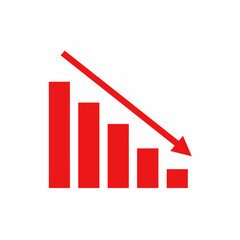 Red arrow going down stock icon on white background. Decrease, Bankruptcy, financial market crash icon for your web site design, logo, app, UI. graph chart downtrend symbol. chart going down sign.