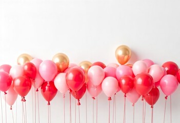 A variety of pink and red balloons with small springs attached float in the air against a plain white background.