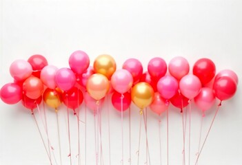 A variety of pink and red balloons with small springs attached float in the air against a plain white background.